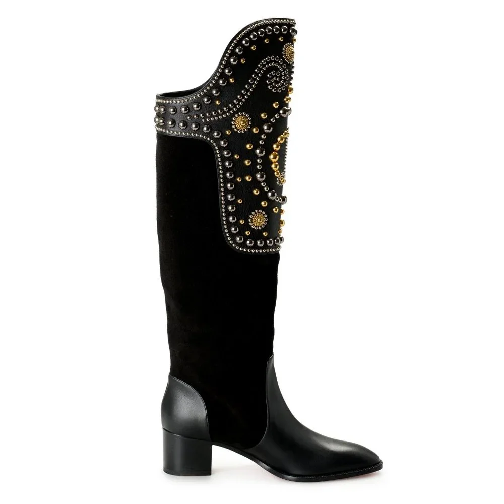 Christian Louboutin Black Over-the-Knee Boot with Gold Stud Detailing